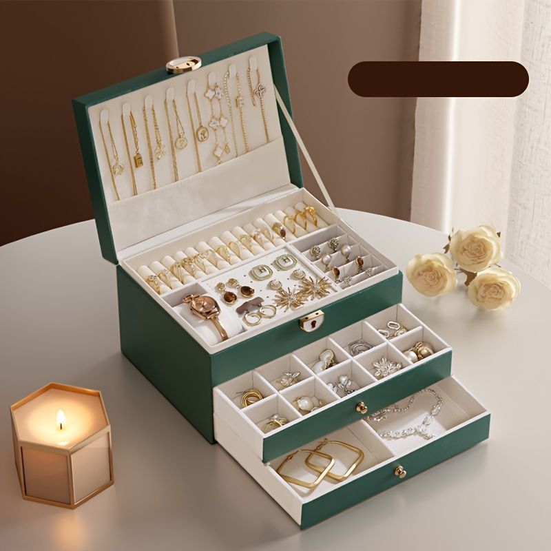 Estuche de Almacenamiento para Joyas de Cuero Sintético con Estilo, Caja de Joyería con Tres Cajones, Elegante Caja de Exhibición para Escritorio, Múltiples Compartimentos para Collares, Pendientes, Anillos y Pulseras, Cierre de Botón, Forro de Tela