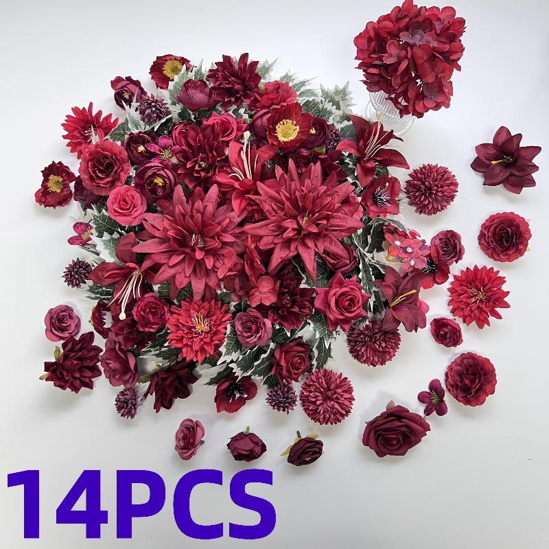 TEMU 14 têtes de fleurs mélangées profondément rouges : marguerites, soucis, roses et autres, adaptées à la décoration intérieure, aux florales