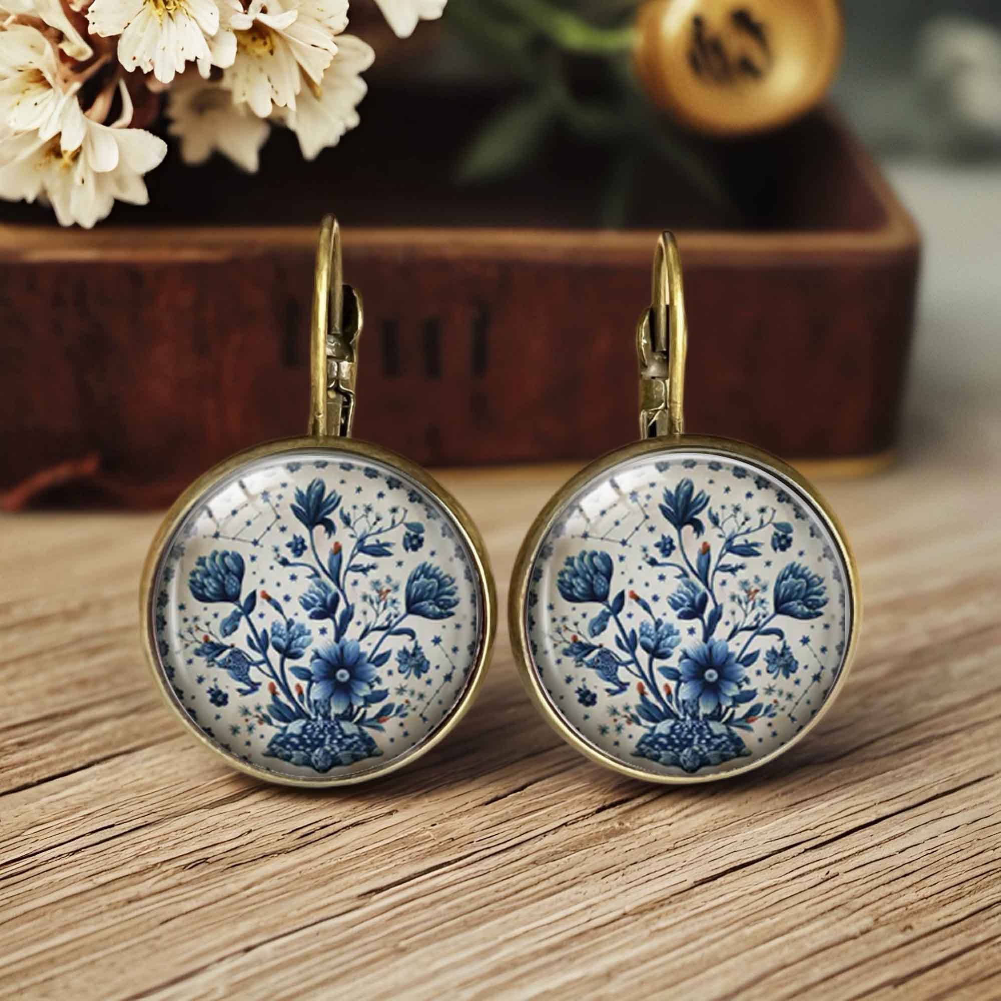 TEMU 1 par de aretes florales estilo porcelana azul y blanca - Accesorio de moda para hombre