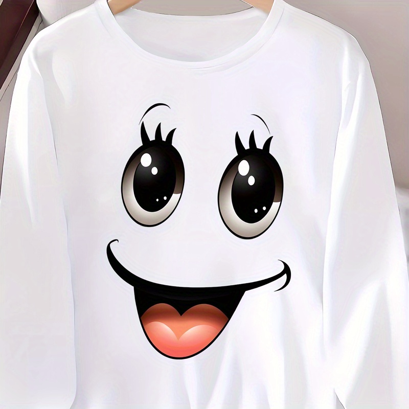 

Women's 3d Smile Long Sleeve T-, Round , Knitted Polyester , Pattern, Stretchy, All- Top