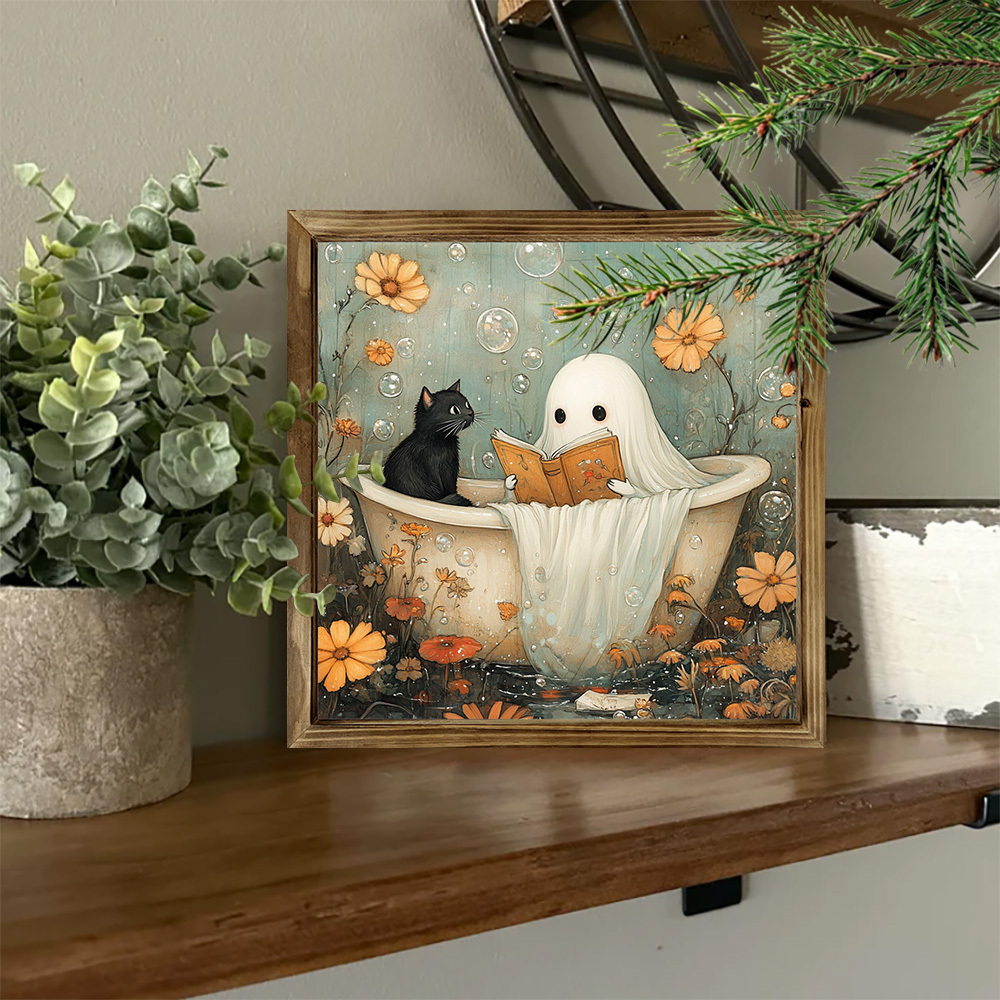 TEMU Vintage Halloween Wooden Wall Sign - Spooky Black Cat & In Bathtub With , 8x8 Inch Rustic Framed Decor For Home, Office, Bathroom, Cafe & Party Themes, Perfect Halloween Gift