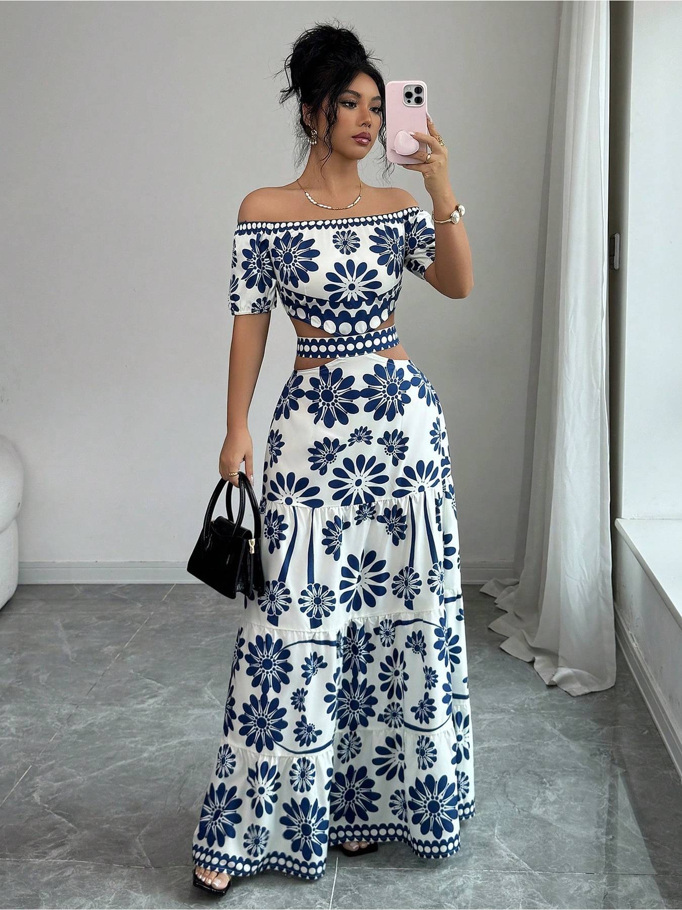 womens floral print off shoulder short sleeve hollow out waist fashion dress