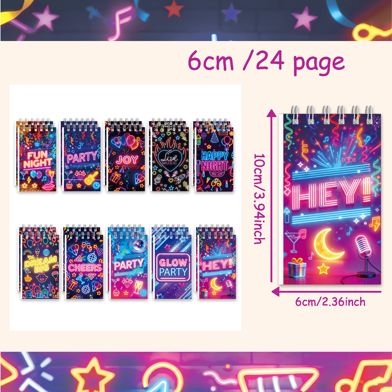 TEMU 10-pack Colorful Neon Party English Slogan Mini Spiral Notebooks, 10x6cm Portable Pocket Notepads, 24-page Trendy Cool Cyber Style Personal Memo