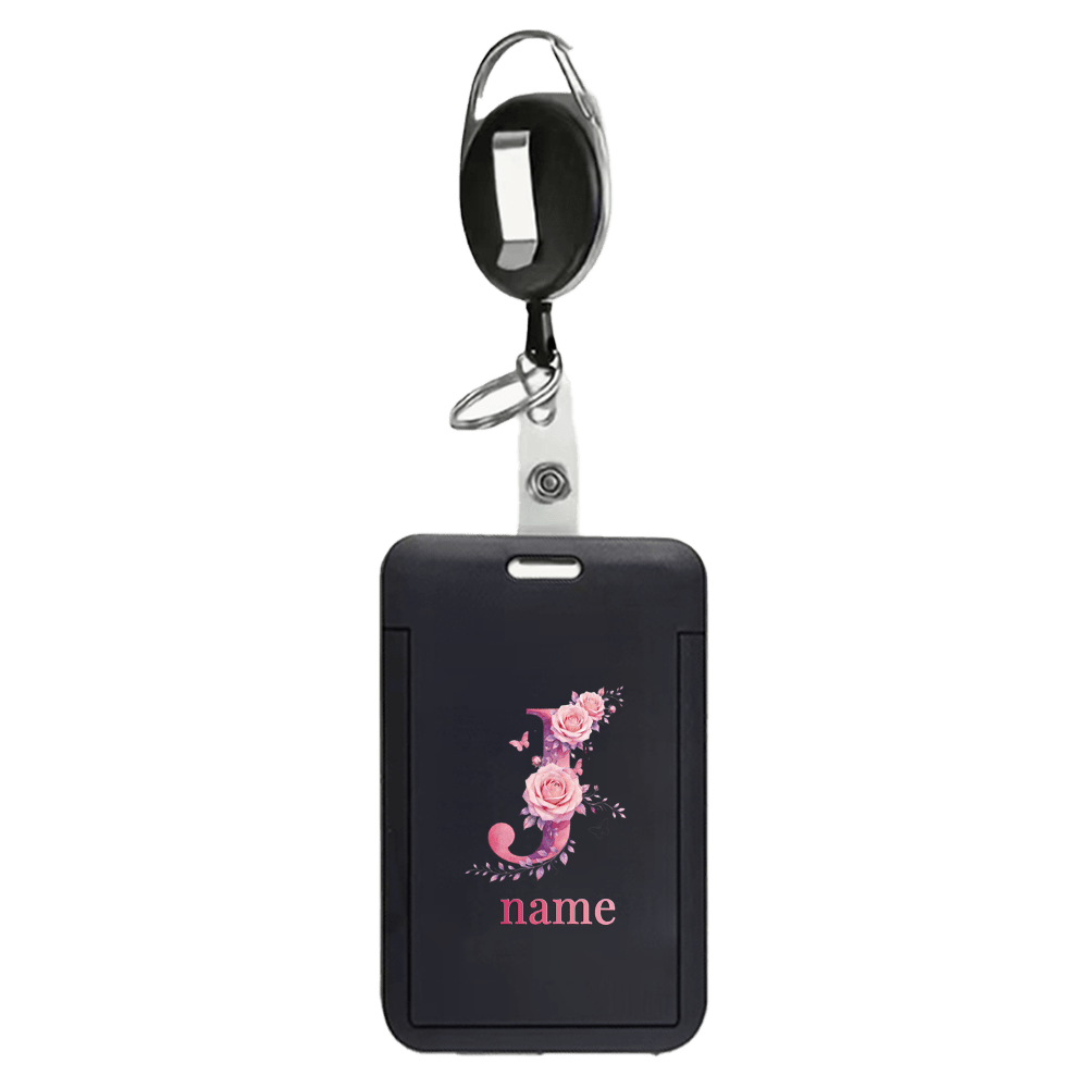 TEMU Custom Name Work Permit Card Set With Telescopic Rope, Personalized Flower Letter Id Card Holder Unisex Badge Access Control Hard Shell
