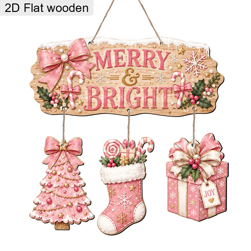 TEMU 2d Flat 4pcs Wooden Ornaments Set - Pink Christmas Tree Stocking Box Pendant With Candy Cane And Snowflake Decor, Suitable For Christmas Home