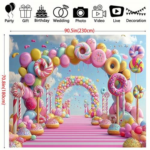 3d snoep & ballonnen feestvlag - kleurrijk, feestelijk ontwerp met donut & leckernijen, perfect voor verjaardagen, diplomeringen, geslachtsonthulling en meer - duurzame polyester, , beschikbaar in 39x59in tot 70,8x90,5in