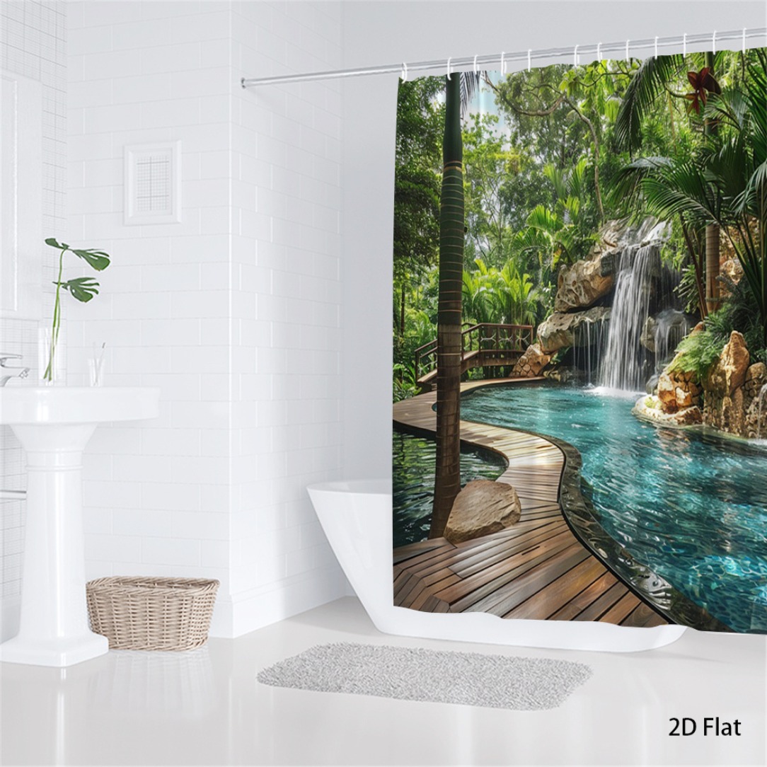 TEMU 2d Flat, 2d Flat 1pc Large Tropical Waterfall Shower Curtain With Hooks - Jungle Greenery And Waterfall Pattern, Suitable For Spa And Bathroom