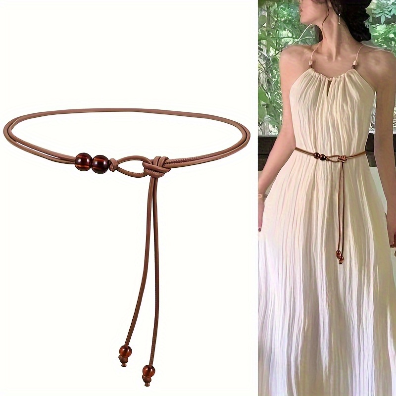1 Cinto Ajustável Feminino - Design Castanho com Contas, Acessório de Saia para Ajustar a Cintura, Adequado para Vestidos, Camisas e Casacos, Ocasiões Casuais a Formais, Detalhe de Moda, Detalhes Elegantes, Estilo Minimalista, Material Durável