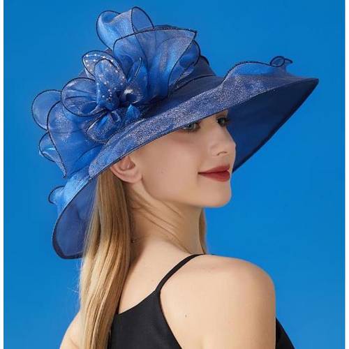 elegant womens wide brim sun hat with large flower organza detail breathable polyester