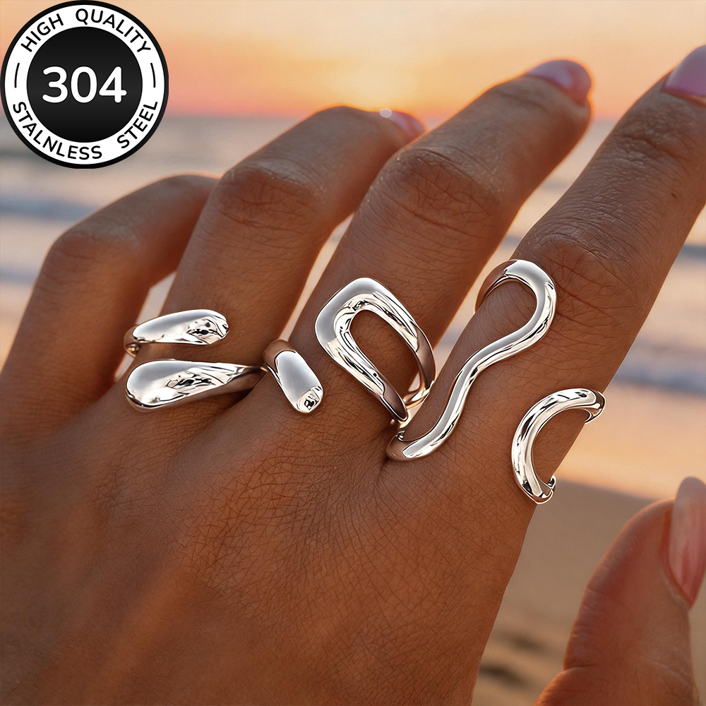 TEMU Juego de 3 anillos abiertos dorados de acero inoxidable 304 de calidad para mujer, KC, hipoalergénicos, resistentes a la decoloración, cómodos y
