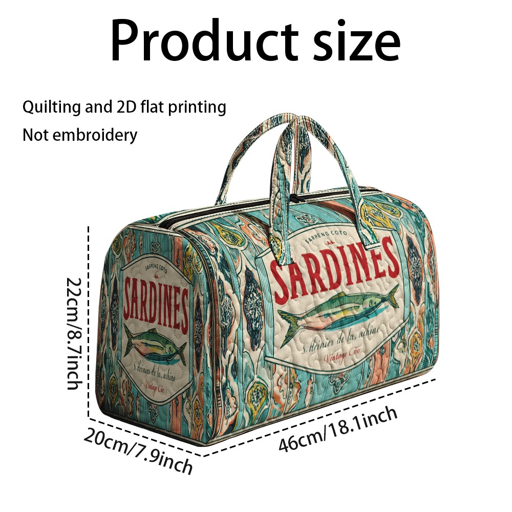 TEMU 1pc Ridesay Women's Quilted Sardine Print Tote Bag - Quilted Suitable For Travel & Daily Use, Vintage Sardine-themed Handbag With Hot Transfer