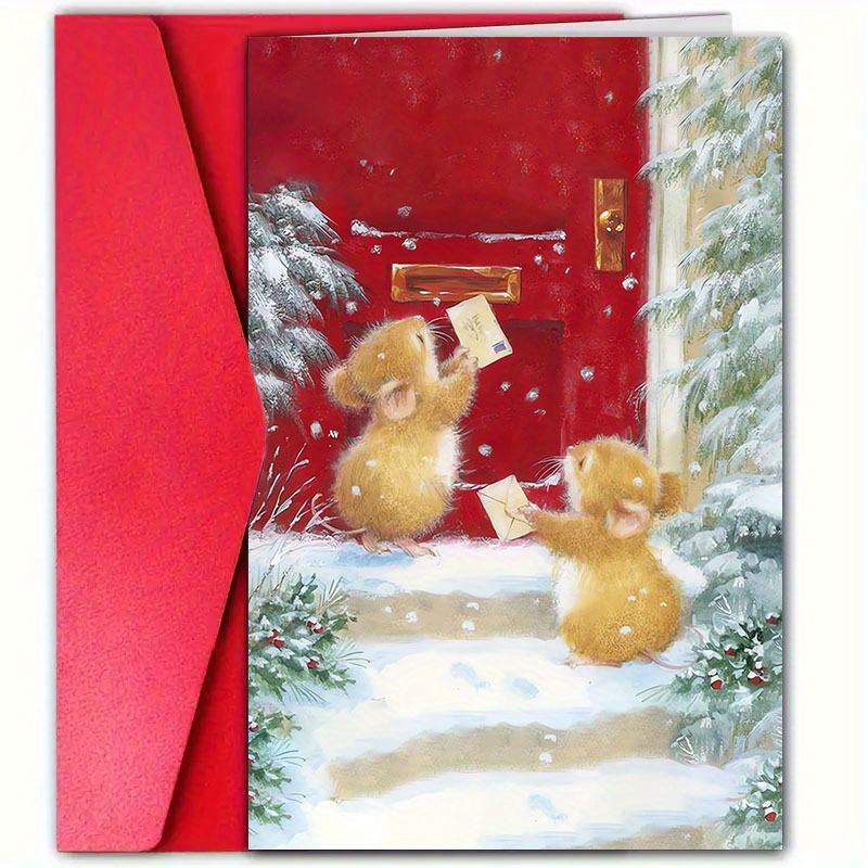 TEMU Vintage Christmas Card With Envelope - High-quality Paper, Perfect For Family, , And Colleagues | Exquisite Mouse Design, Holiday Gift,