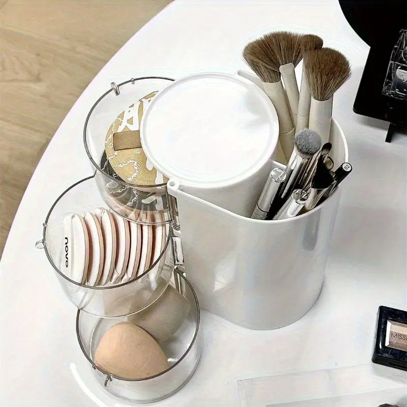 1pc versatile desktop cosmetic display travel friendly rotating dust resistant makeup egg air cushion organizer for dressing tables multi tier lipstick and makeup brush holder with high storage capacity Product details 0