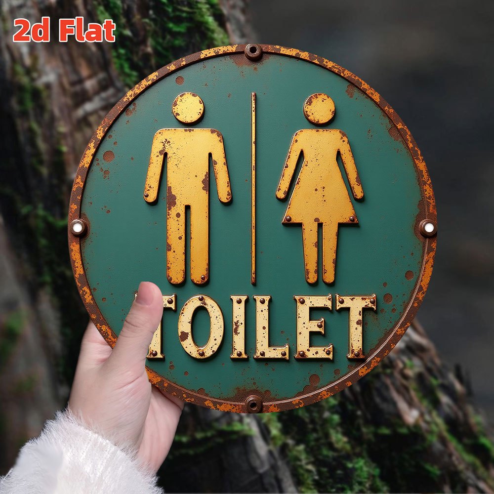 TEMU 2d Flat - 2d Plane, Retro-style 2d Plane Bathroom Wall Sign - Rustic Green Distressed Design With Golden Accents, Round Metal Decorative Plaque,