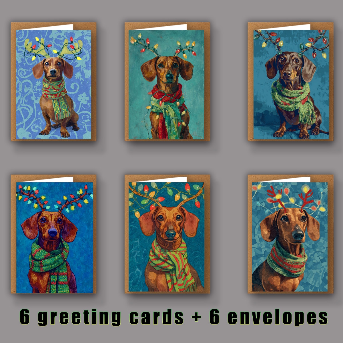 TEMU 1 Set Of 12pcs Or 24pcs Christmas Greeting Cards Featuring A Dachshund Wearing A Colorful Scarf With Lights. The Cards Come With Envelopes And
