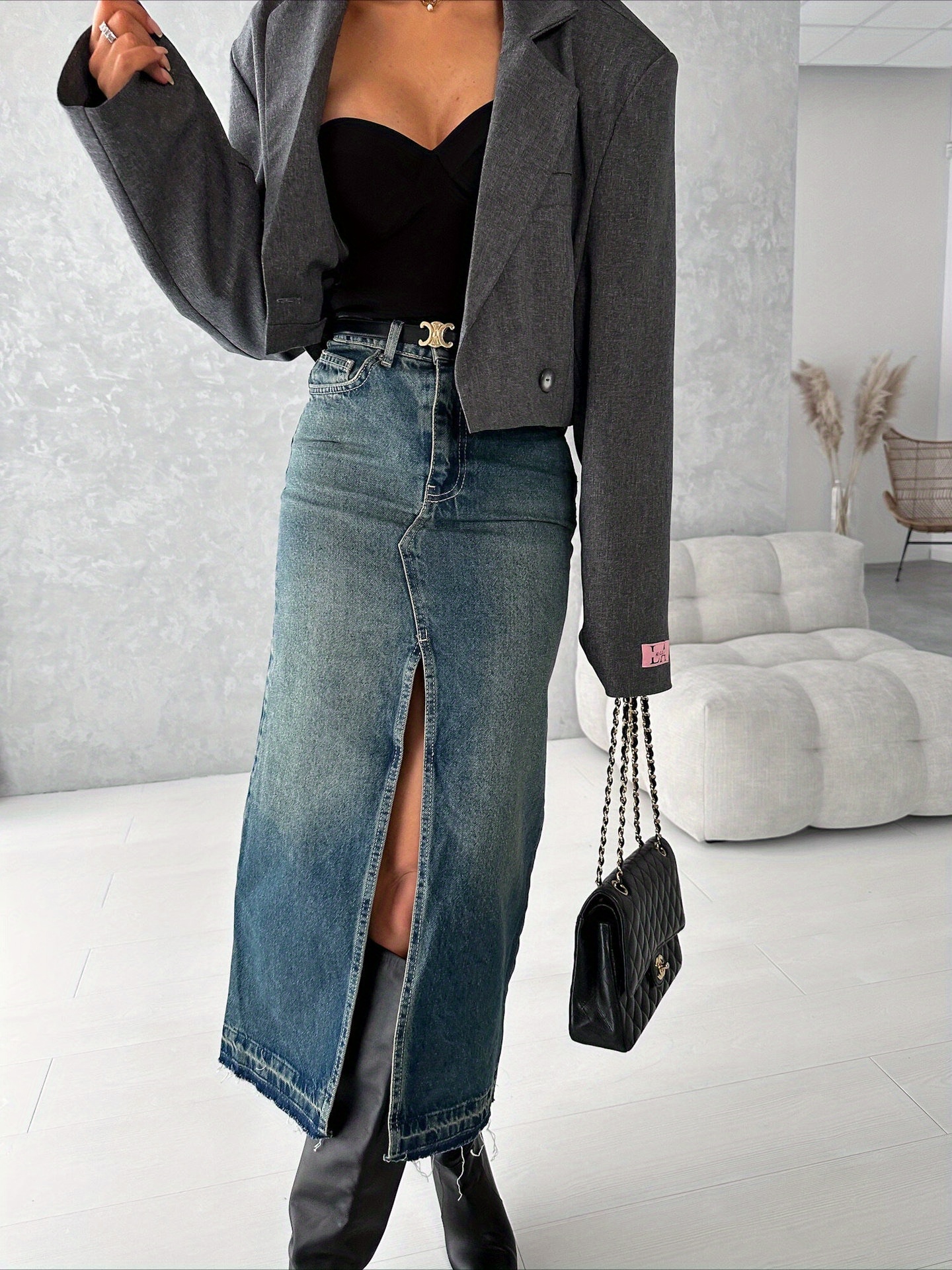 【WOOHWA】LEAF DENIM LONG SK RVCA - Denim Maxi Skirt for Women | RVCA