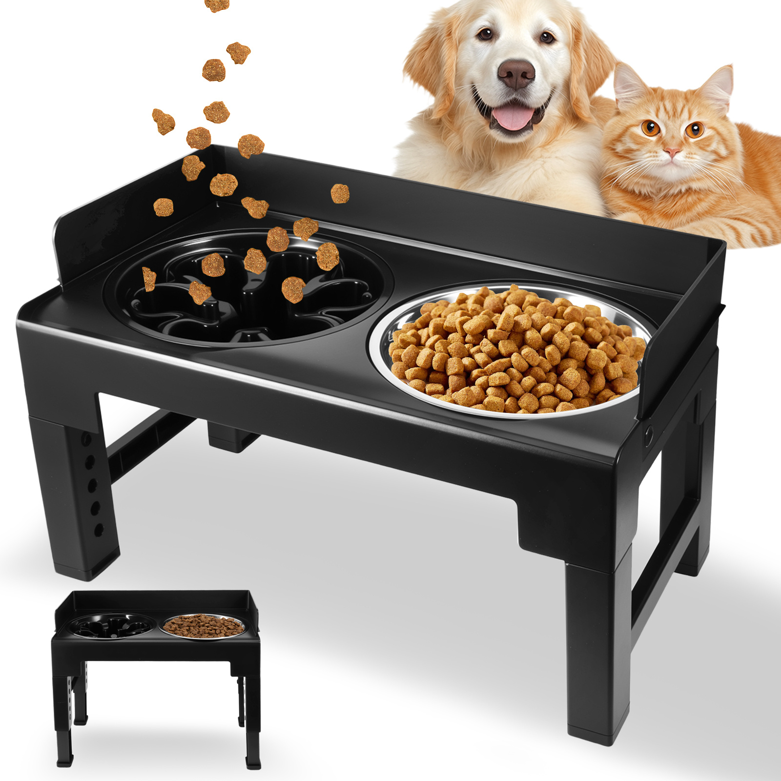 3-in-1 Upgraded Raised Dog Bowl With Stand Elevated Dog Bowl With Slow Feeder, Water And Stainless Steel Bowls 5 Adjustable Dog Food Stand For Small Medium Large Sized Dogs