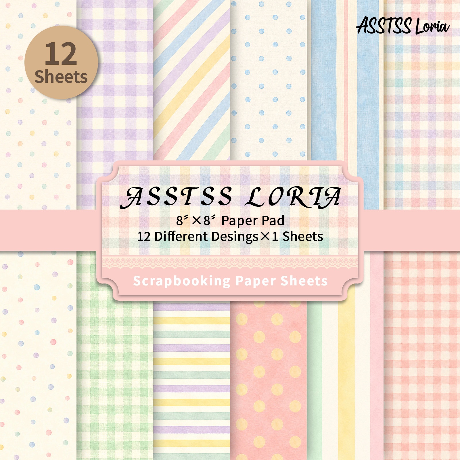 TEMU 12-sheet Asstss Loria Scrapbooking Paper Pad - Heavyweight Cardstock Suitable For Journaling, Pastel Macaron Floral & Plaid Backing Paper With