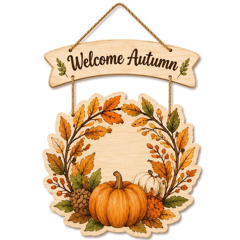 TEMU 2d Flat 2pcs Layered Hemp Rope Wooden Ornaments, Top Layer With Tassel Design Engraved "welcome Autumn" Text, Bottom Layer With Wavy Autumn Leaf