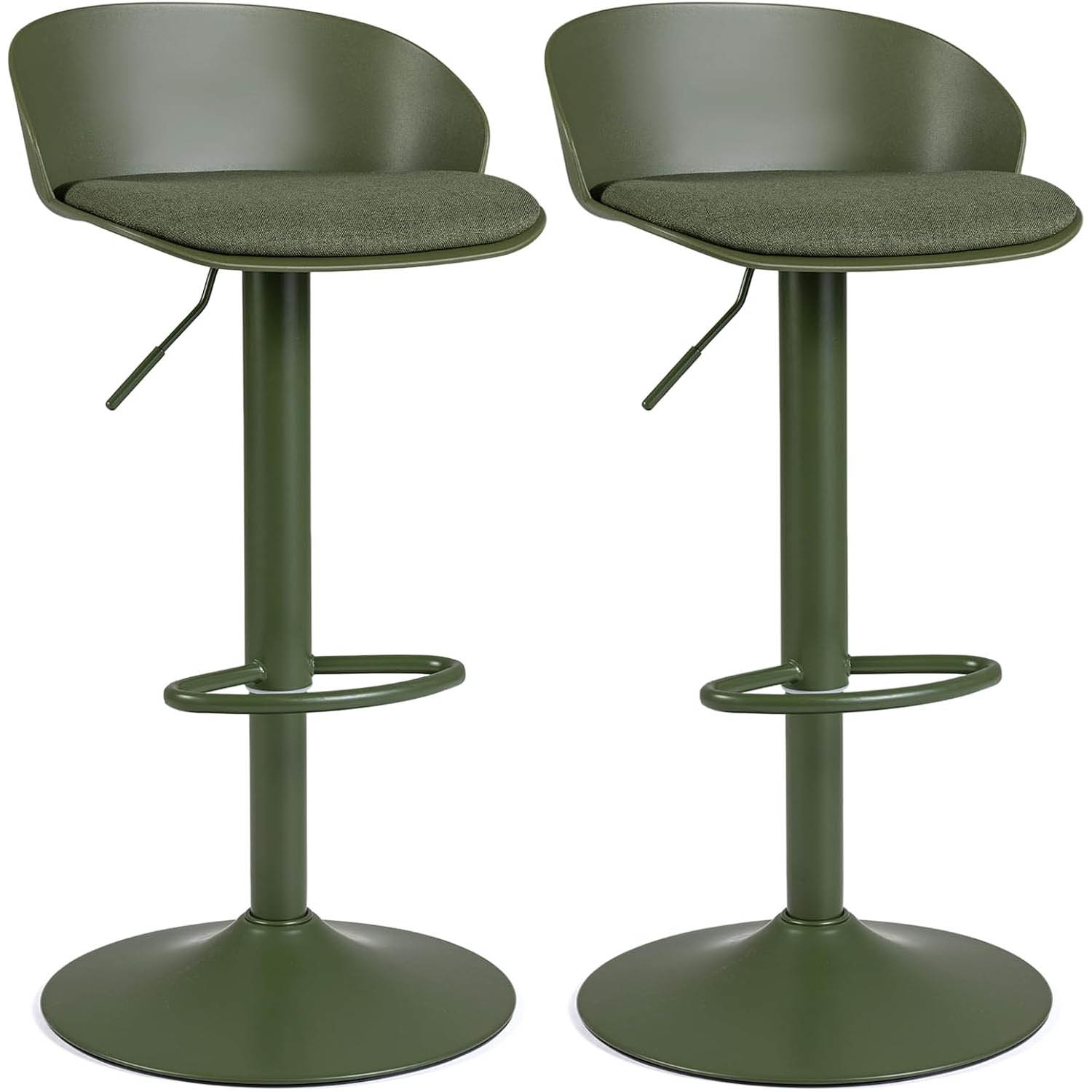 Image of Set Of 2 Adjustable Swivel Bar Stools W/ Back & Footrest, 330 Lbs Each, Olive Green