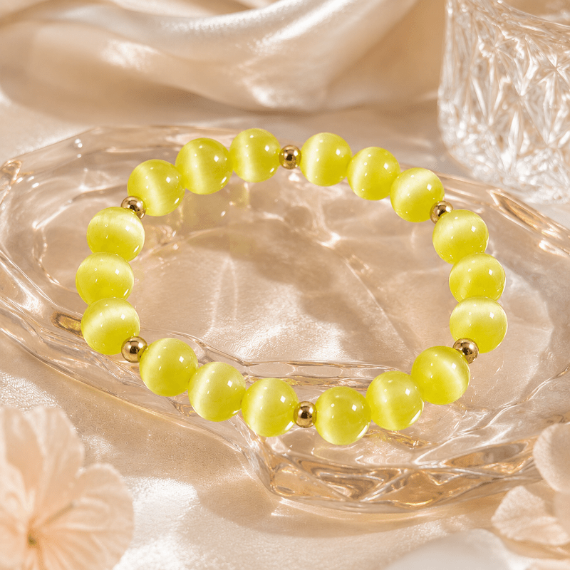 TEMU Fresh Pale 's Eye Stone With Golden Spacer Beads Women's Elastic Bracelet, Exquisite Hand Jewelry, Round Beads With Delicate And , Suitable For