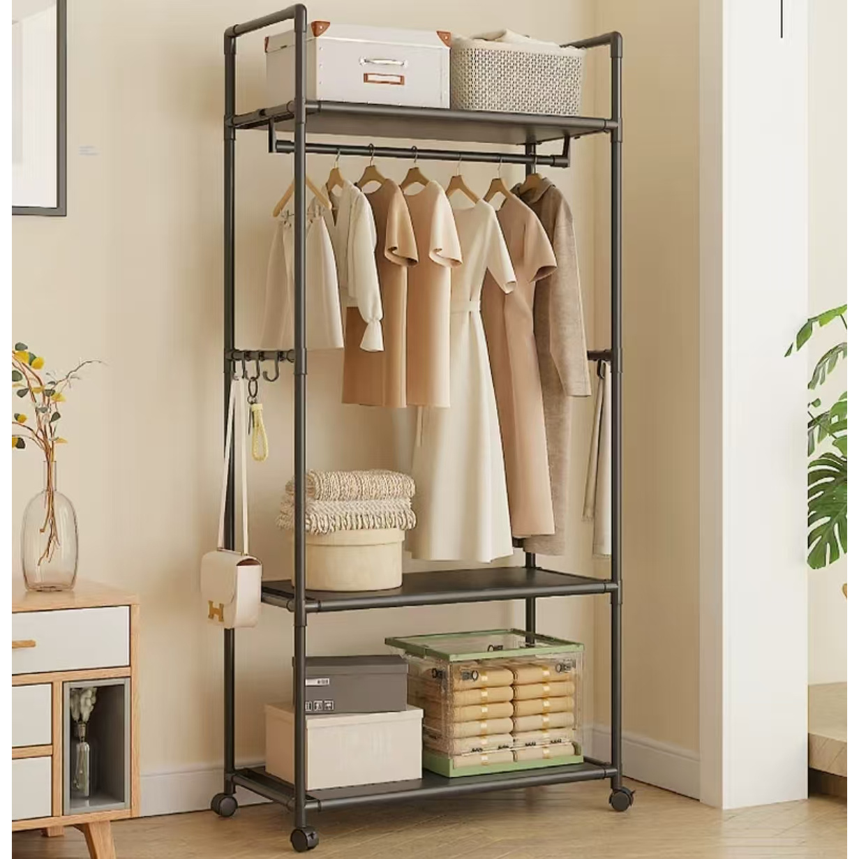 multi functional wheeled vertical coat rack multi layer storage rack durable metal plastic frame easy to assemble suitable for bedroom and living room clothes organizer sturdy design white and black portable closets