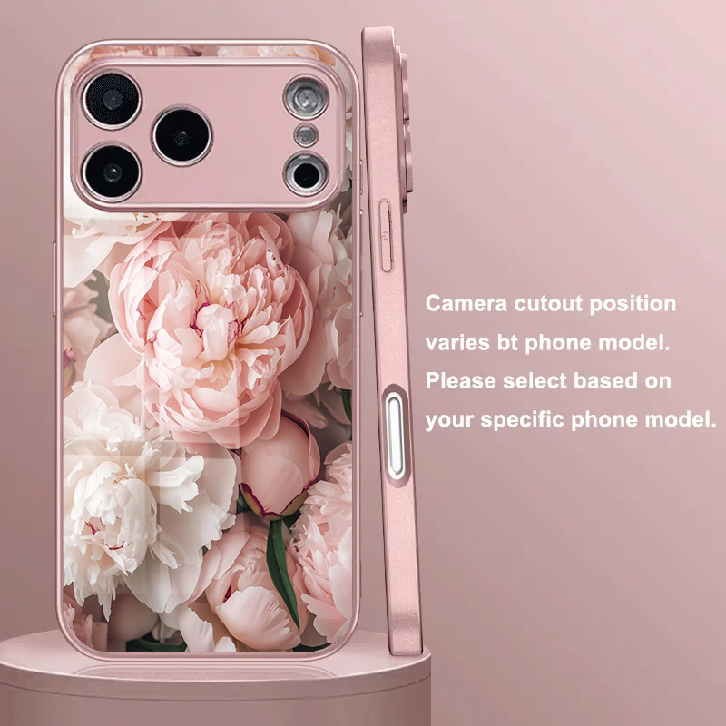 TEMU Phone Case: Pink Peony Tempered Glass Case, Suitable For Iphone 17, 17 Pro, 17 Pro Max, Iphone 16, 16 Pro, 16 Pro Max, Iphone 15, 15 Pro, 15 Pro