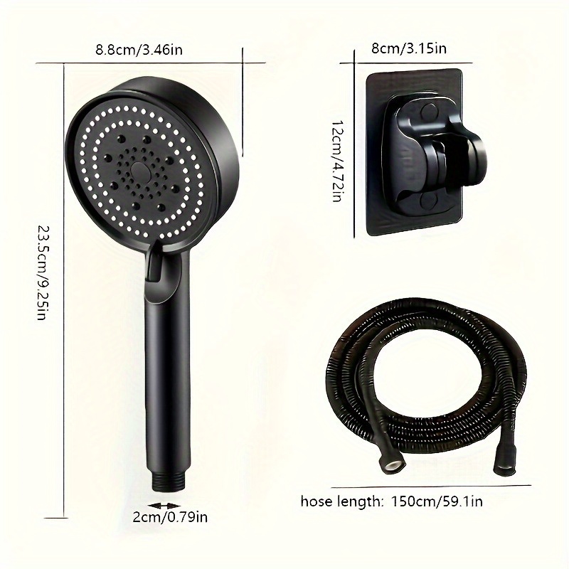 TEMU 3pcs Boost Shower With Adjustable Wall-mount Bracket And 59.06-inch Black Hose, 5 Spray Modes, , Durable Plastic Material, Multi-functional