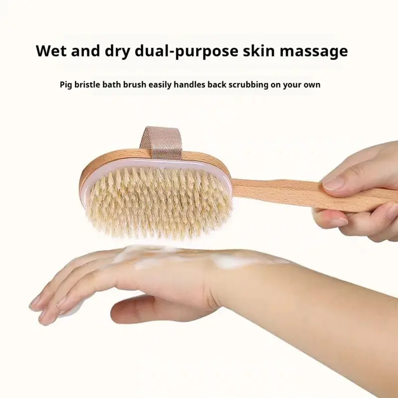 1pc natural bristle long handle back bath brush detachable handle and elastic used wet or dry gentle body cleansing and exfoliation no power required body brush long handle shower brush shower supplies Product details 4