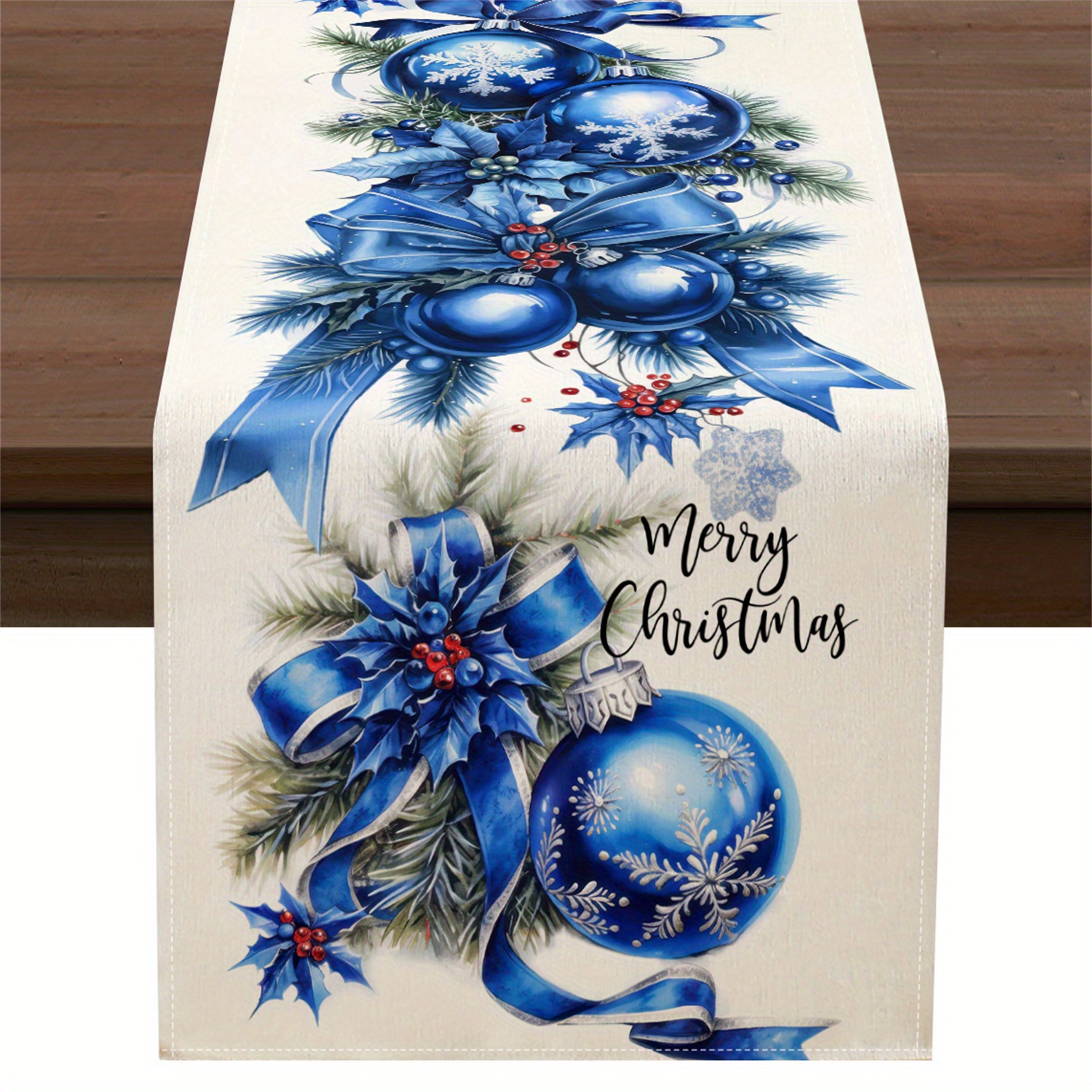 TEMU Elegant Blue & Christmas Table Runner With Bow & Ornaments - Durable Blend Fabric Holiday Decor For Kitchen, Dining Table, Party - -one Winter