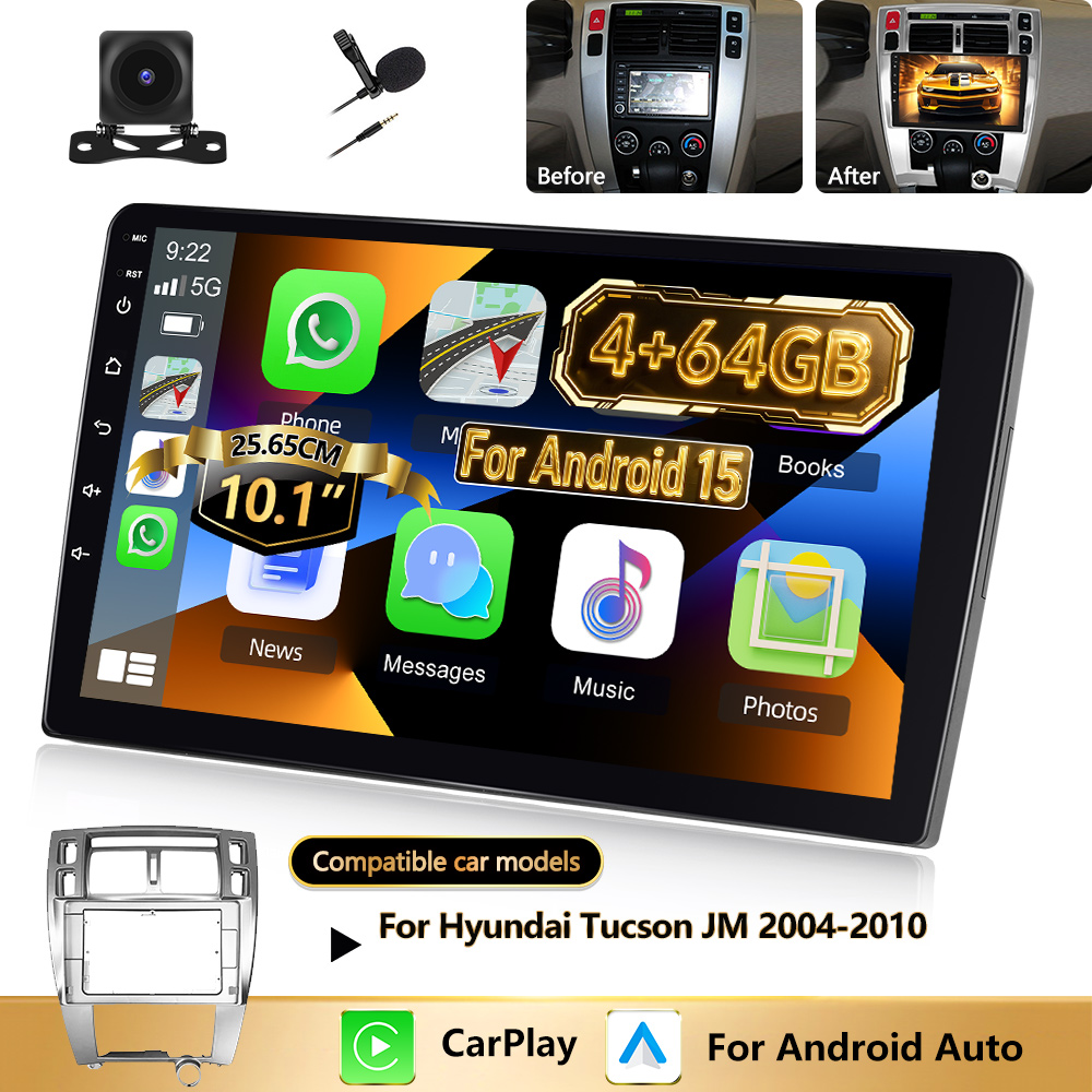 Image of [4g+64gb] For Tucson Jm 2004-2010 Used With 10.1-inch 15 Double Din Car Stereo Car Radio Built-in / And Wireless Auto/ Wifi/ Fm/rds Radio With Reversing Camera&mic