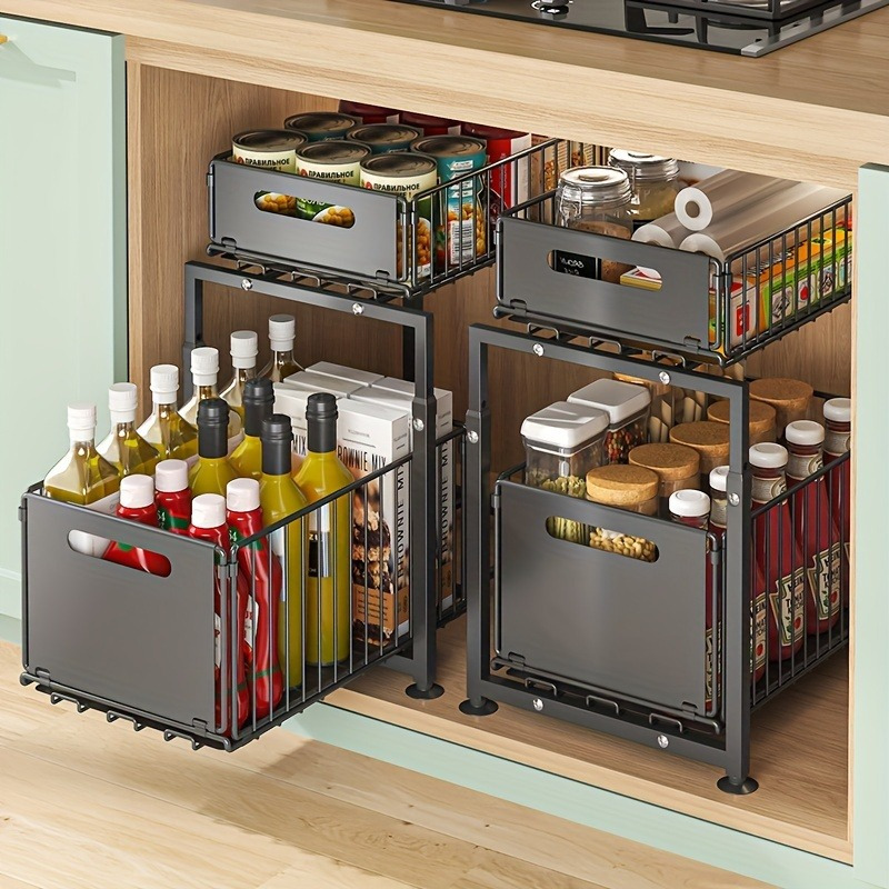 2 tier slide out under sink organizer heavy duty carbon steel kitchen bathroom storage shelf with adjustable shelves hooks sliding drawers space saving cabinet organizer for utensils spices cleaning supplies  