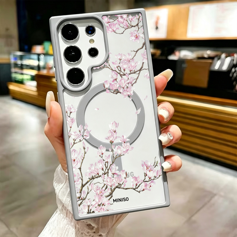TEMU Phone Case: Miniso Branch Phone Case, Transparent Magnetic Protective Cover, Floral Blossoms, Suitable For Galaxy S26/s26 Plus/s26 Ultra/s25/s25