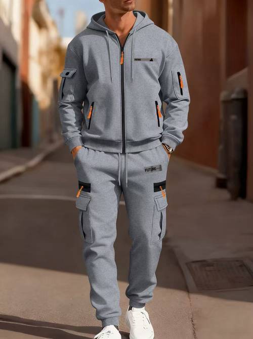 new outdoor mens printed hooded cardigan sweatshirt and sporty casual cargo pants 2pcs set