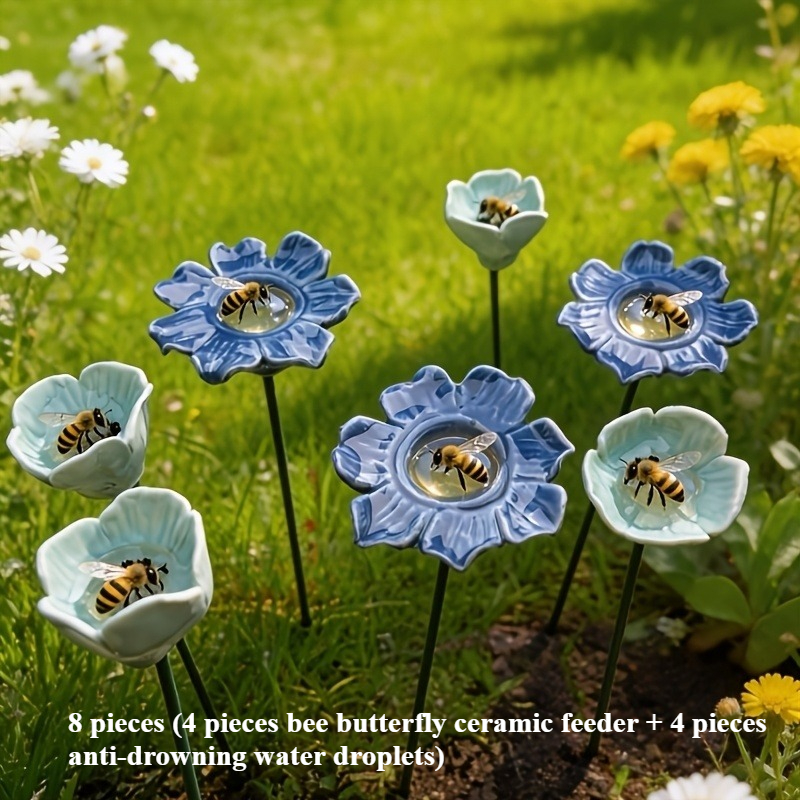TEMU 8pcs Set, Bee Sugar Feeder, Water Feeder, Ceramic Material Simulation Flower Shape, Can Decorate Gardens, Garden Gifts, Sugar Feeder, Garden