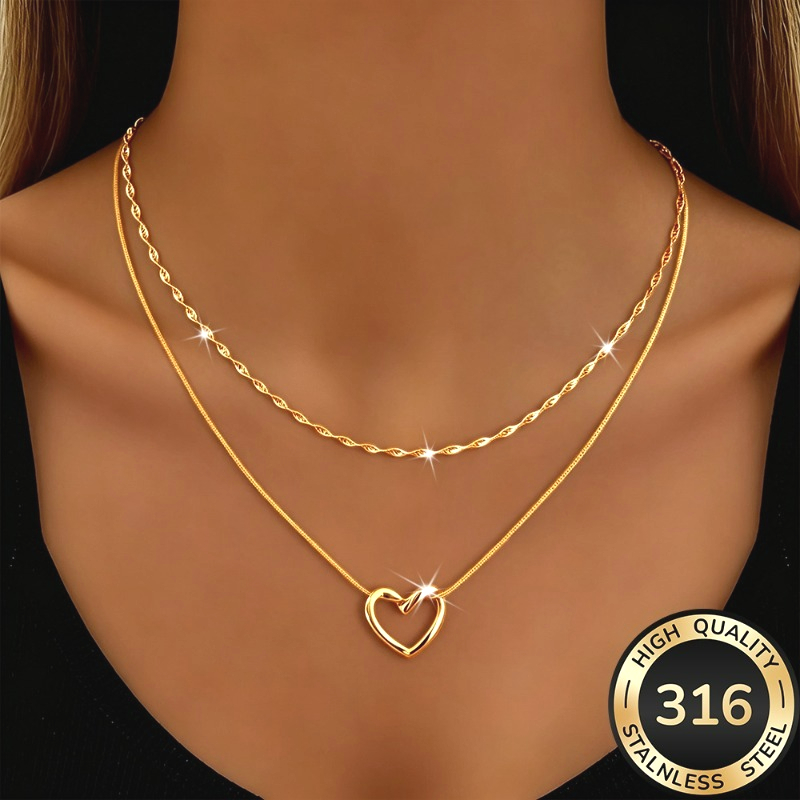 TEMU 2pcs High-quality Exquisite Stainless Steel Necklaces, Elegant Ripple Chain And Fashionable Heart Pendant Necklace, Women's Jewelry Accessory,