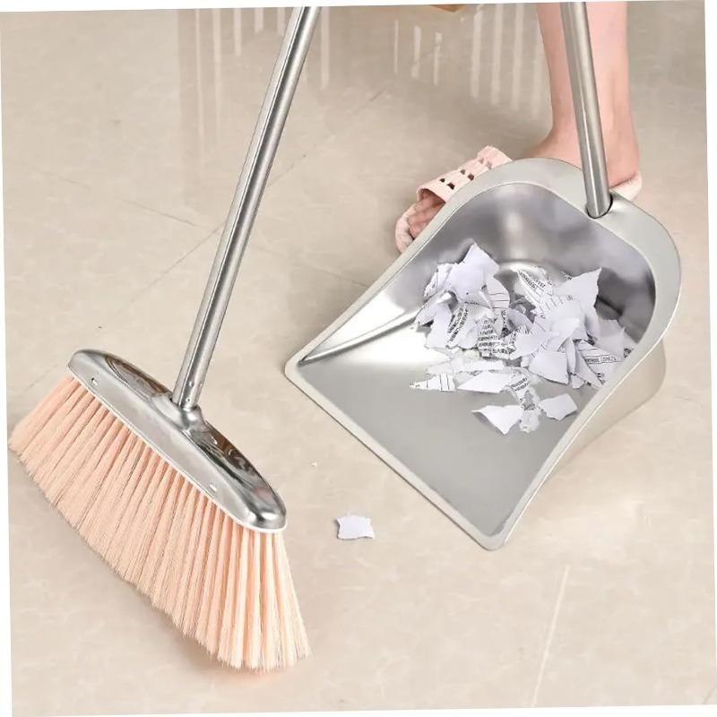 2pcs dustpan and broom set stainless steel long handle dustpan and brush heavy duty upright sweeping brush with hanging ring suitable for indoor home cleaning square details 4