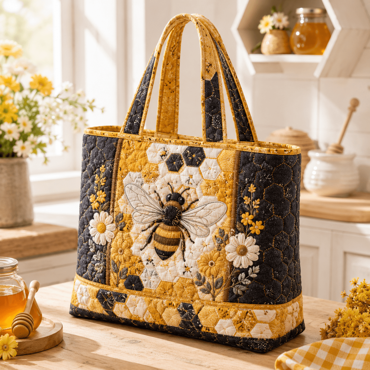 TEMU 17*15inchwomen's Quilted Tote Bag With Bee And Honeycomb Design - Mustard Yellow And Charcoal Zipper Handbag, Large Capacity Soft Suitable For