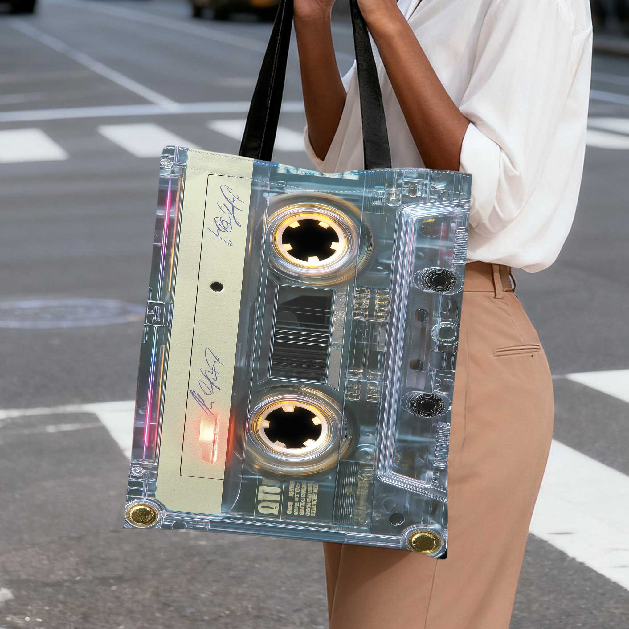 Image of 1pc Tape Goods Art Retro Cassette 2d Printed Women's Shoulder Bag | Large Capacity Tote | Casual Travel, Camping Beach Shopping Multi-scene Use | Reusable Fashion Gift