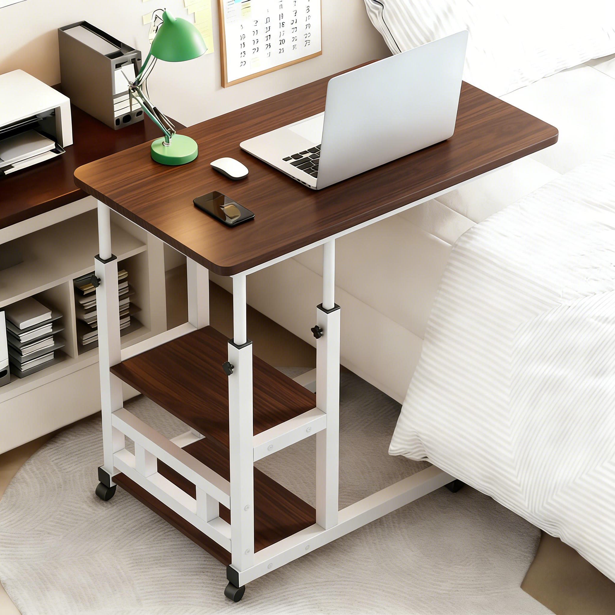 Mobile Nightstand with Wheels, Height Adjustable Bedside Table with Storage Shelf, Rolling Side End Table for Bedroom, Dorm, Living Room, Easy Assembly& Space-Saving Caster Table for Small Spaces.