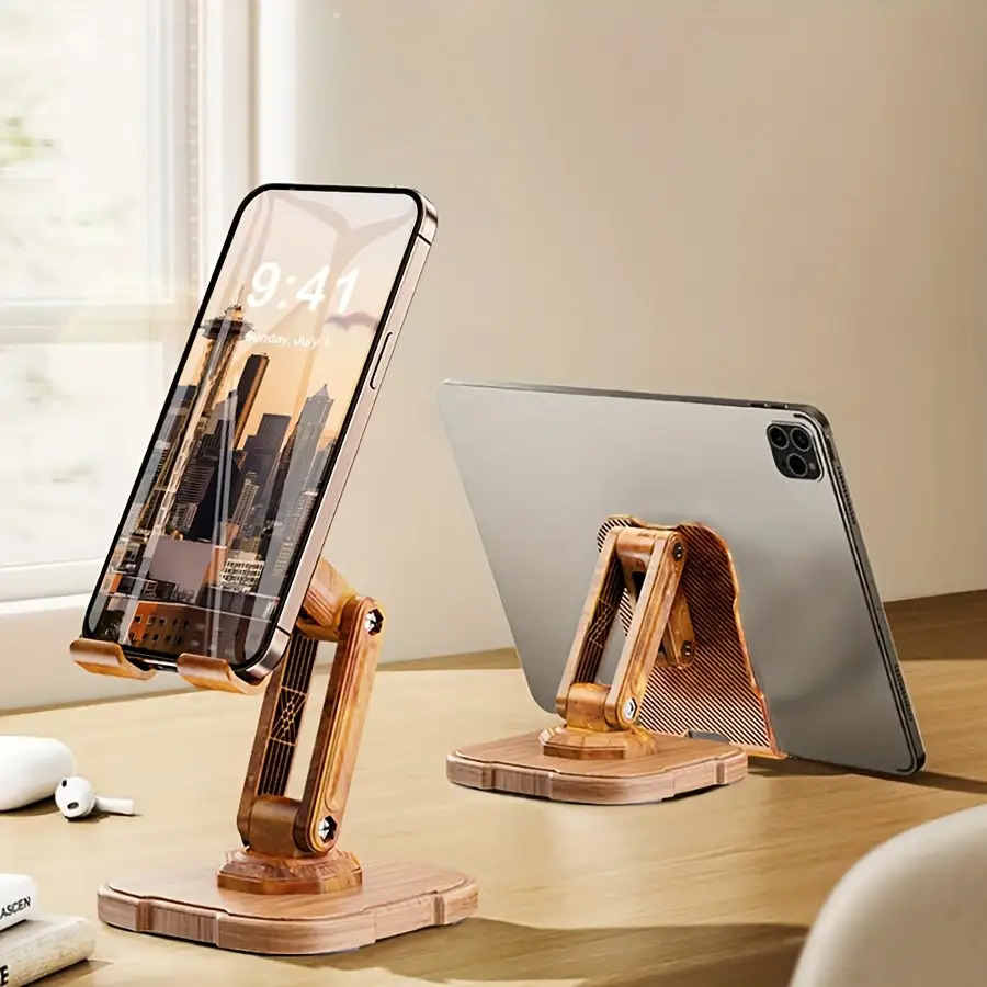 1pc Creative Wooden Desktop Phone Stand, Stable Rotatable Large Base, Adjustable Height