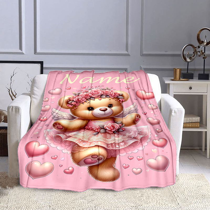 Customized Name Bear Heart Theme Flannel Blanket