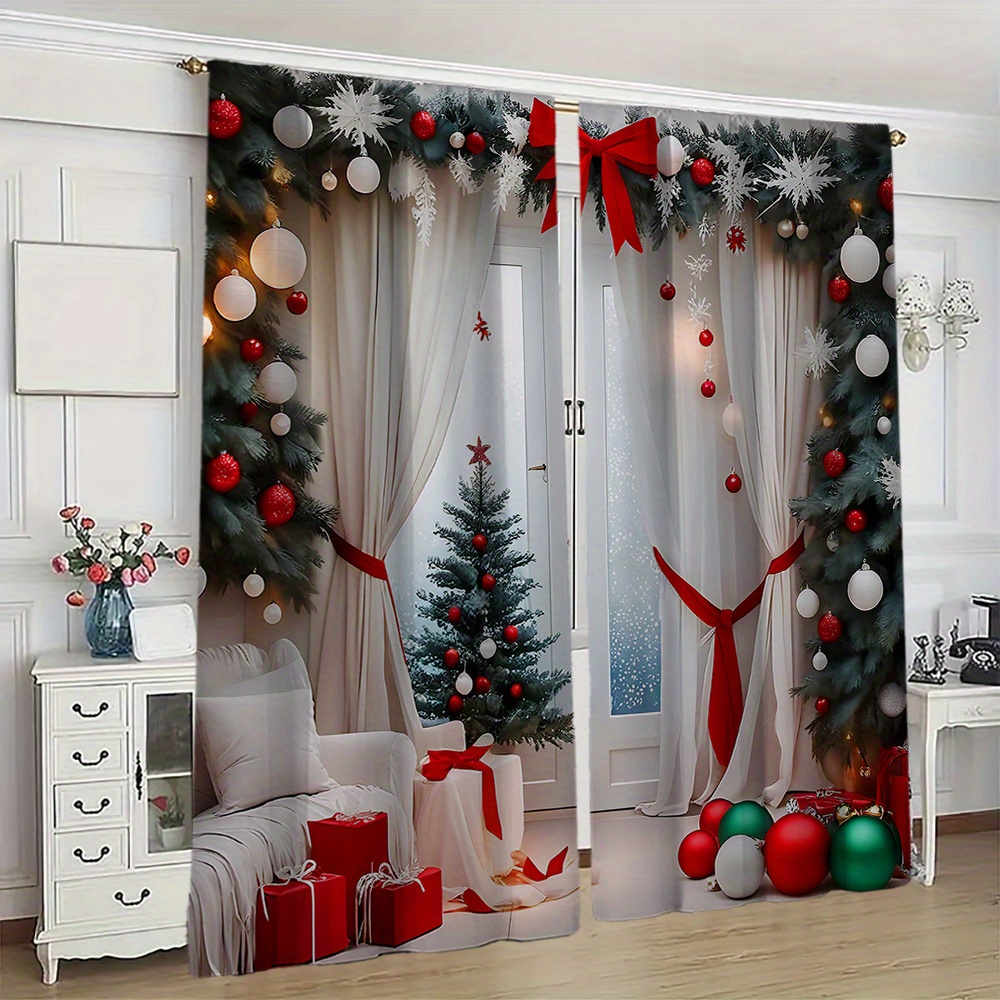 

2pcs, Christmas Bow And Decorative Printed Curtains - Soft And Fibers, With Mouth Design For Easy Hanging - The For Living Room And Bedroom Decoration