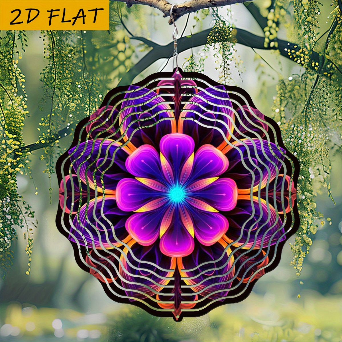 Image of 1pc Vibrant Mandala Wind Chime With Colorful Petal Layers & 360° Rotating Hook - 10x10 Inch Metal Indoor/outdoor Decorative Wind Spinner, No Batteries Needed, Diy For Garden, Patio, Home, 2d Flat