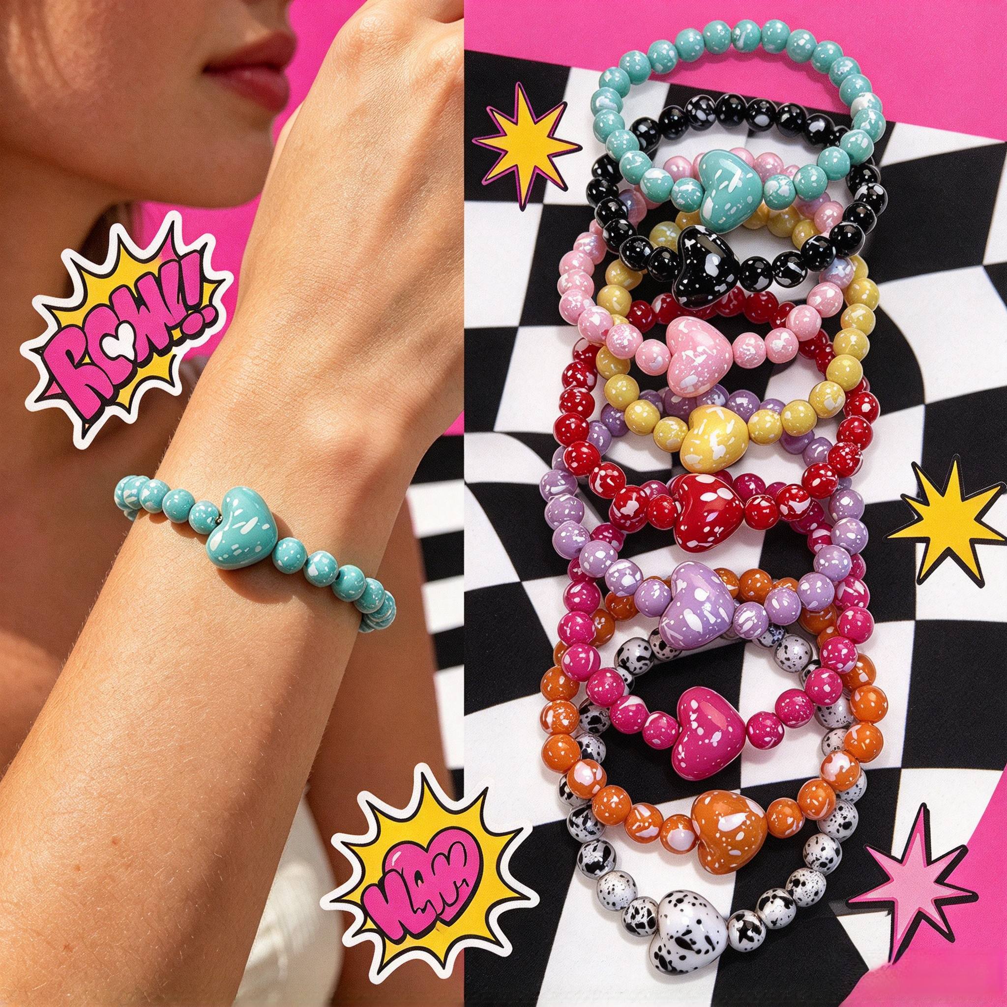 9pcs Creative Ink Splatter Heart Bead Bracelet Set