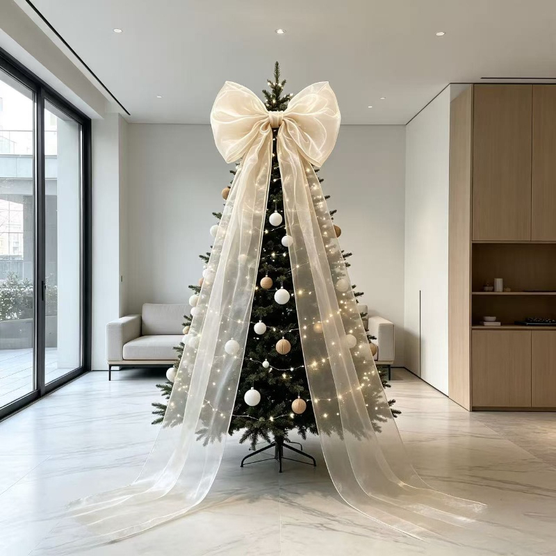 TEMU 190cm Enormous Christmas Tree Topper Bow - Handmade Organza , White Beige Gray Minimalist Extra Large Treetop Star Decoration, Xmas Holiday