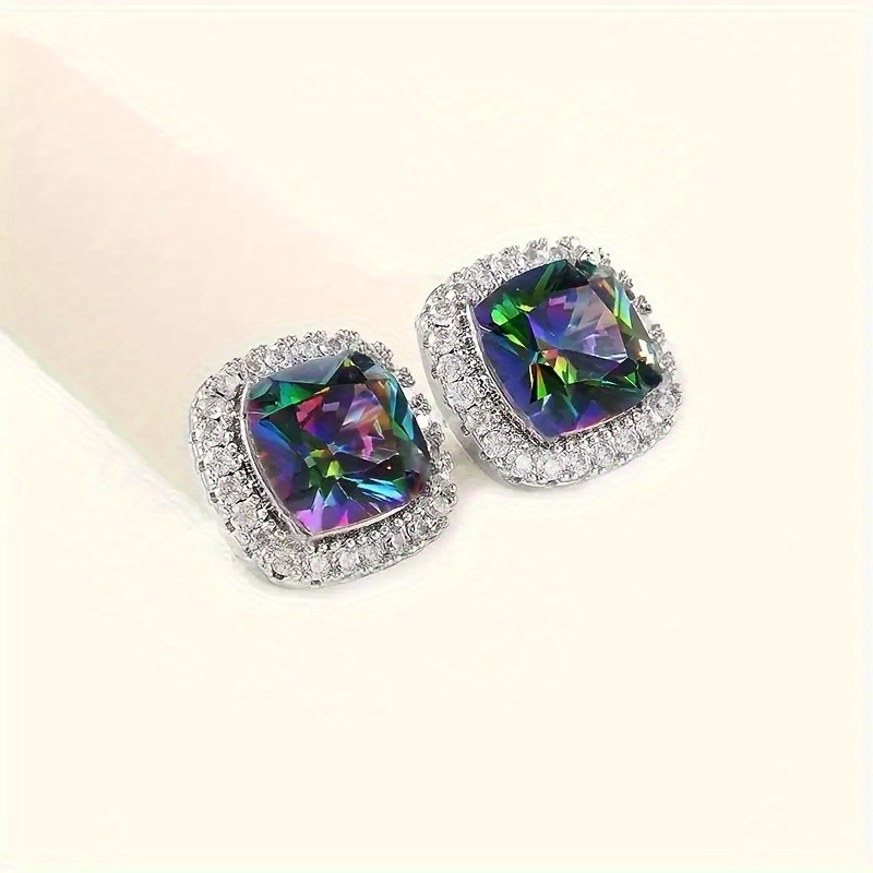 TEMU Square Ear Studs, Colored Glass Earrings, Japanese And Korean Style, Exquisite And Elegant Women's Earrings, Daily Commuting Versatile