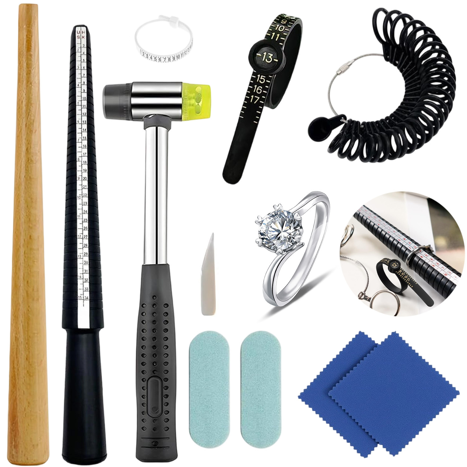11pcs Ring Sizer & Set With Rubber Hammer - Sizing Suitable For Ring,, Width & Diameter Measurement For Jewelers, For