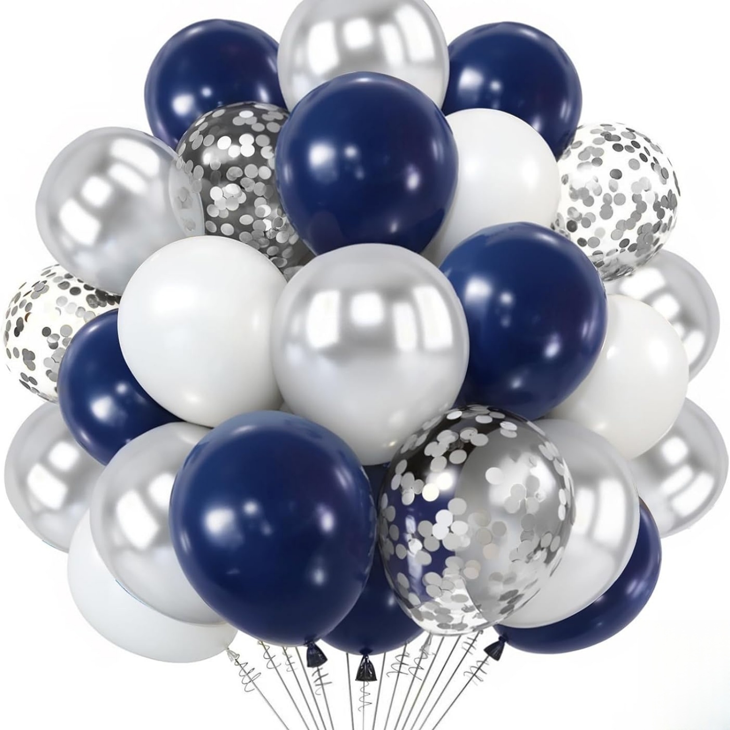 Image of 32pcs Navy Balloon Kit, 10/12-inch Dark Blue Metallic Silver White Balloon With Confetti Latex Balloon For Wedding Graduation Birthday Anniversary Party Decorations