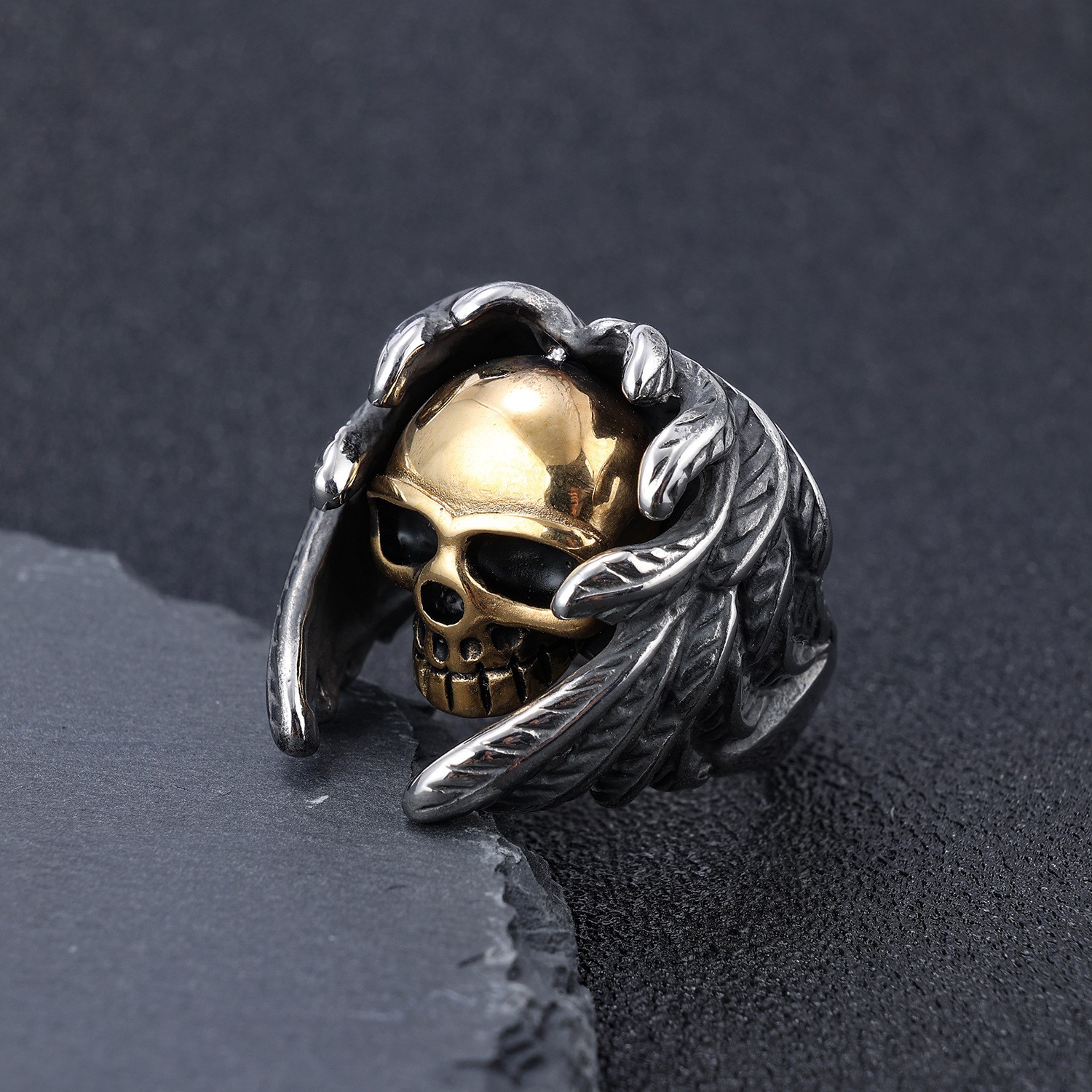 Image of 304l Stainless Steel Winged Skull Band Ring For Men, Trendy Fashion Style Wide Band, Edgy Streetwear Accessory
